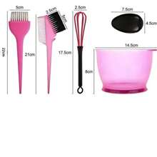 Juego de 6 piezas de accesorios para teñir el cabello que incluye: cepillo, tazón, aplicador, peine, orejeras y mezclador. Ideal para coloración, decoloración y aplicación de tinte en salones profesionales y uso doméstico.