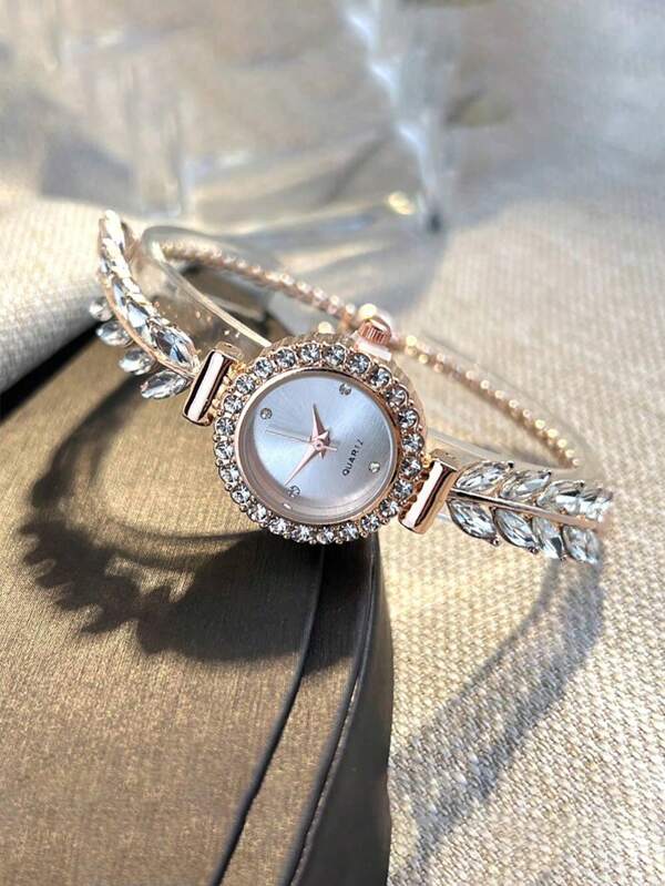 1 pièce Montre de femme à cadran rond avec incrustation de cristaux et motif de feuille, mode et minimaliste. Un cadeau de montre