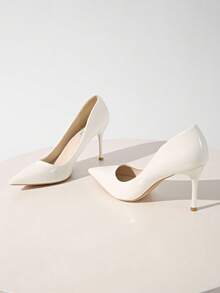 女士高端纯白亮面皮革8.5厘米细跟尖头浅口性感夜店时尚婚礼通勤日常高跟鞋，优雅