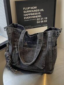 תיק אופנה חדש וקז'ואל מבד ג'ינס רך מכוסה עם כיסים מרובים (עם ארנק למטבעות), תיק נסיעות גדול בצבע אחיד, תיק מזוודות, תיק כתף רב-תכליתי לנסיעות, תיק ספורט לחדר כושר, תיק שליח רטרו לסטודנטים, מתאים לעבודה, קניות, נסיעות, ספורט ושימוש בית ספר - שחור - ראה 9