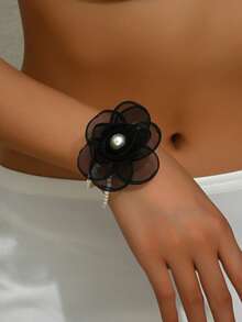 1pc Elegant Chiffon Camellia Flower Pearl Bracelet Headband Set, High-End Women Accessories For Wedding, Party, Holiday Event