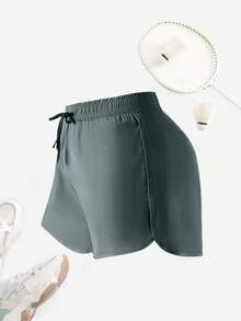 女士夏季运动短裤、休闲健身骑行短裤、时尚透气弹力抽绳瑜伽短裤、跑步健身户外短裤 - 淺灰色 - 查看 3