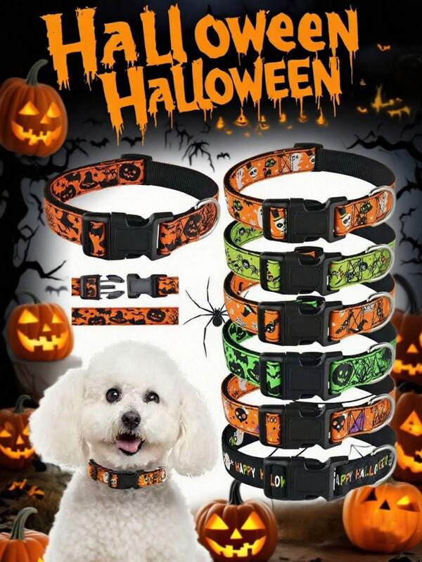 1pc Halloween-Themed Adjustable Dog Collar With, Pumpkin & Spider Print, Soft, Durable Pet Accessory For All Breeds, Indoor & Outdoor Universal Cat & Dog Collar