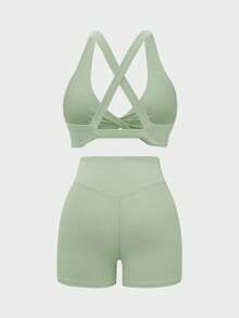 GAOVOT Conjunto de 2 piezas de mujer para verano, estilo Y2K, casual, deportivo, para correr, ejercicio, yoga, de unicolor, sexy, con top corto y shorts deportivos - Verde - Ver 8