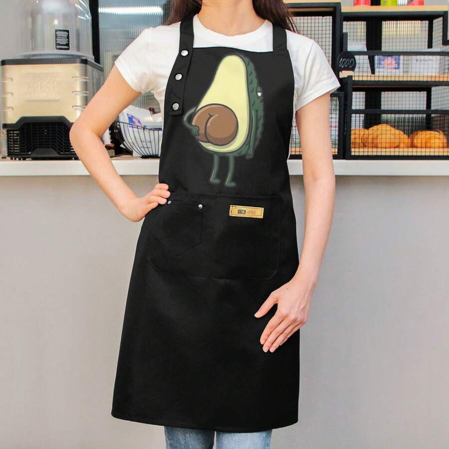 Funny Avocado Ass Dual Waterproof Oilproof Kitchen Chef Aprons With Pockets For Men Women, Adjustable Cooking Apron - Black - View 1