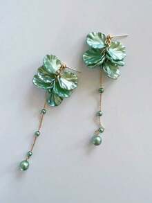 1 Pair Korean Ethereal Floral Petal Pearl Tassel Earrings, Elegant Girlish Cute Earrings - 白色 - 查看 8