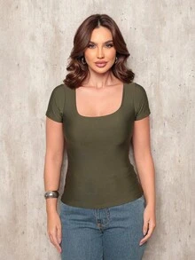Basic Square Neck Blouse With Sleeve Comfortable Elegant Women's Fashion - xanh quân đội - Xem 6