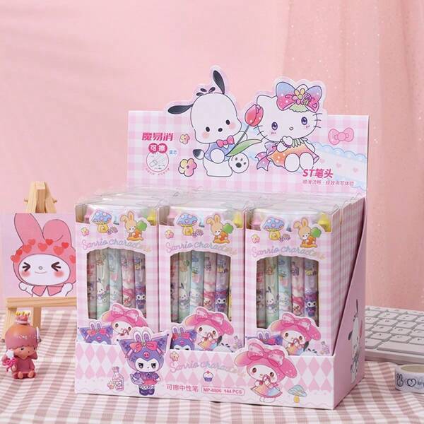 Sanrio 12pcs Sanrio Cute Family Kuromi Boxed Writing Ballpoint Pen - (Random Color) Creative Cartoon Straight Rod 0.5mm Neutral Pen - Boxed Ballpoint Pen Press Pen Cute Press Neutral Pen Student Stationery,School Supplies,Back To School