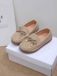 1 Pair Classic Cute Flat Shoes, Neutral Child Stitched Loafers, Soft Sole Anti-Slip Retro Boat Shoes, Fashion Casual Campus Student Daily Commute Comfortable Versatile Square Toe Shoes - Khaki - View 2