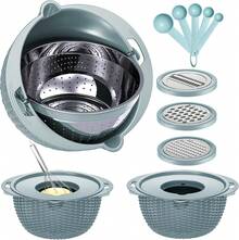4-1 Strainer Bowl With Lid Set - Strainers And Colanders - Colanders For Kitchen - Food Strainer With Graters & Spoons - Fruit Washing Bowl With Colander Pasta Rice Strainer For Veggie Wash - Blue - Blue and White - View 1