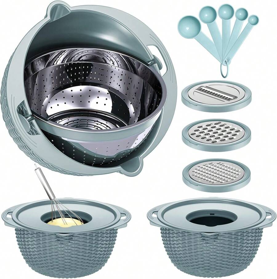 4-1 Strainer Bowl With Lid Set - Strainers And Colanders - Colanders For Kitchen - Food Strainer With Graters & Spoons - Fruit Washing Bowl With Colander Pasta Rice Strainer For Veggie Wash - Blue - Blue and White - View 1