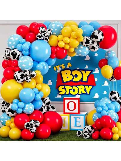 Kit de 102 piezas para arco de globos, kit de arco de globos de látex con diseño de patrón de vaca rojo, amarillo y azul, adecuado para decoración de fiestas de cumpleaños, baby shower, fiesta con temática de juegos de dibujos animados y vaqueros