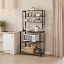 VASAGLE Coffee Bar, 31.5 Inches Baker's Rack For Kitchen With Storage, 6-Tier Kitchen Shelves With 6 Hooks, Microwave Stand, Industrial - Brown - View 3