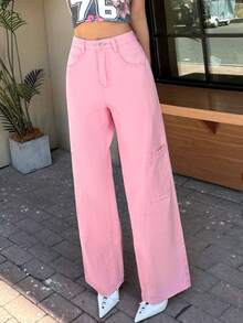 Y2K Boyfriend Style Splicing Patchwork Straight Leg Jeans - Pink - View 3