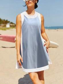 Women's Two Piece Suit Short Sleeve Knit Top With Pocket Shorts Summer Casual Suit - Màu xanh bụi bặm - Xem 3