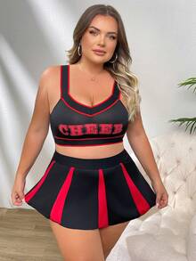 大码啦啦队制服性感印花胸罩和迷你裙套装，适合狂欢 - 黑色 - 查看 3