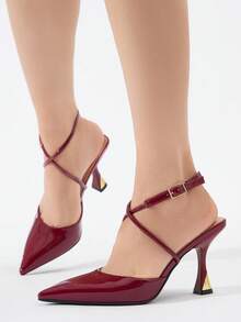 Women's Solid Color Pointed Toe Closed-Toe Metallic Buckle Decor High Heel Shoes, Slip-On, Comfortable For Daily Wear, Commuting, Formal Occasions, Autumn/Winter, PU Leather Wine Red Work Shoes - Burgundy - View 5