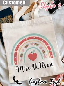 1Pc Custom Teacher Appreciation Tote Bag - Personalized Canvas Beach & Shopping Bag With Monogrammed Name, Personalised Teacher Bag - Custom Rainbow Tote With Floral Design, Large Capacity, Buckle Closure - Ideal Thank You Gift For TA, School Leaver, Or Teaching Assistant, School Bag|Floral Tote Bag - Multicolor - View 5