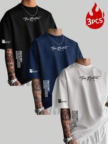 3pcs Men Casual Street Fashion Slogan Print Round Neck Short Sleeve T-Shirts - Multicolor - View 2