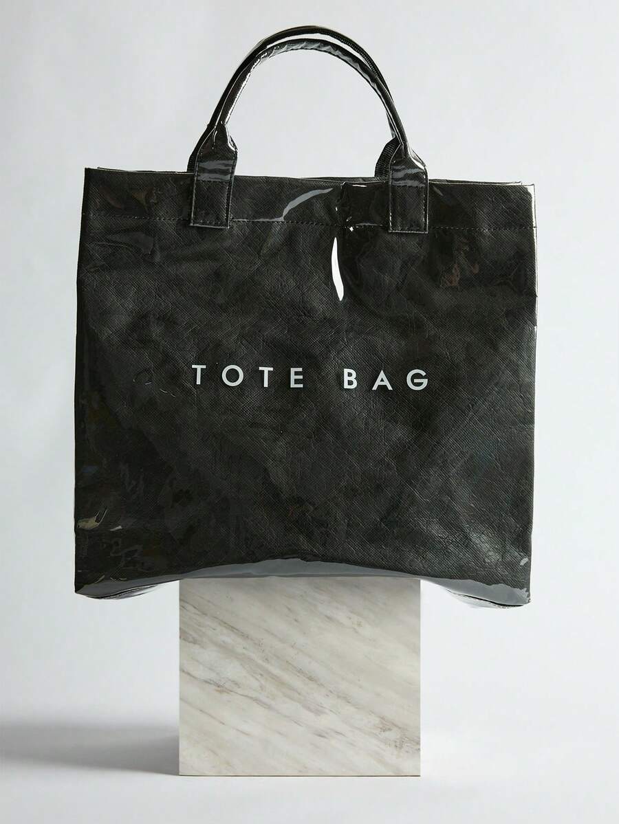 Large Capacity Fashionable Transparent Jelly Bag PVC Waterproof Shopping Bag, Korean Neutral Style Tote Bag, INS Fashionable Retro Casual Street Hipster Tote Bag, Japanese Slouchy Bag, Suitable For High School And University Students Going To School, Gym/Yoga/Travel Bag Or Mommy Bag, Letter Print Minimalist Celebrity-Inspired Creased Texture High-End Quality Multi-Layer Paper Handbag Winter Gifts - Black - View 1