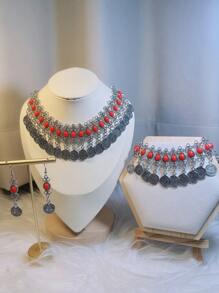 1 Set Vintage Turquoise Color Necklace & Earrings Set, Suitable For Women's Daily Wear