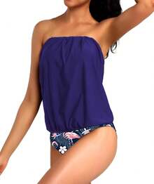 Two Piece Bandeau Tankini Swimsuits Women Loose Blouson Swim Top With Bikini Bottom Tummy Control Bathing Suits - Purple Flamingo - View 2