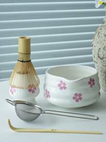 1pc/2pcs/4pcs/5pcs Cherry Blossom & Matcha Bowls Set, Japanese Tea Set Includes Matcha Bowl With Spout, Bamboo Matcha Whisk, Matcha Scoop, Whisk Stand, Stainless Steel Sieve, 5-Piece Perfect Matcha Set Back To School