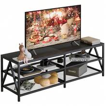 TV Stand For TV Up To 75 Inch, Long 70" TV Cabinet With 3-Tier Storage Shelves, Black Oak
