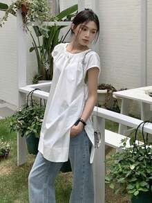 宽松中长款白色盖袖亚麻衬衫，女士无袖上衣，夏季 - 白色 - 查看 9