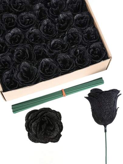 MEHELANY 20pcs/Box Artificial Gold Powder Rose With Stems, Black Glitter Decorated Roses, DIY Artificial Flowers, Suitable For Halloween DIY Wreath Crafts, Wedding Bouquets, Home Party Table Decor, Holiday Parties, Valentine's Day, Mother's Day, Spring Decor, Home Decor, Birthday Gifts, Room Decor, Garden Outdoor Decor, Gothic Wedding Decor