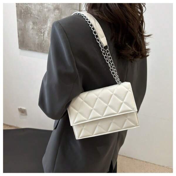1pc New Fashion Women Shoulder Bag Rhombus Embroidered Solid Color Chain Crossbody Bag Casual Handbag Ladies Clutch Phone Bag