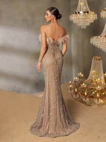 Faeriesty Faeriesty Strapless Beaded Mermaid Evening Gown With Feather-Accented Shoulders & Back Tie-Up Detail - High-Slit Sheer Tulle Dress For Grand Galas, Luxury Weddings, Red Carpet Events, Black-Tie Receptions