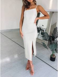 Women's Adjustable Spaghetti Straps Sleeveless High Waist Split Midi Bodycon Cocktail Party Dress, 2025 Style - 白色 - 查看 6