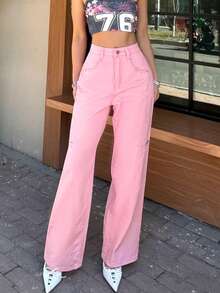 Y2K Boyfriend Style Splicing Patchwork Straight Leg Jeans - Pink - View 2