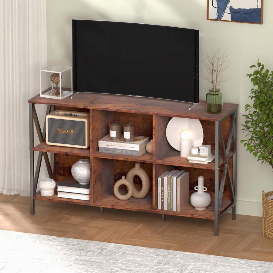 Horizontal Bookshelf Bookcase,6 Cube Storage Organizer With Open Shelf,47 Inch Industrial Low Wide Wood And Metal Cubby Shelf,Long Shelving Unit For Home Office Living Room(White,6 Cube) - 白色 - 查看 1