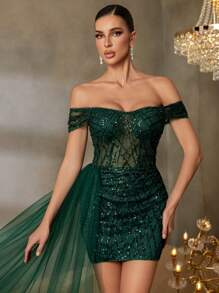 Luxury Off-Shoulder Beaded Evening Gown With Back Tied Closure & Asymmetric Flowing Train – Elegant Black-Tie Galas, Red Carpet Premieres, Luxury Weddings, High-Fashion Evenings, Formal Gala Dinners