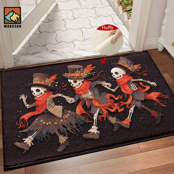 1pc Halloween Dancing Skull Pattern Bathroom Anti-Slip Mat, Made Of Artificial Cashmere Material, With Fluffy Decoration, Suitable For Doors, Bathrooms, Kitchens And Other Occasions, Machine Washable, Anti-Slip, Daily Decoration, Can Be Given As A Gift