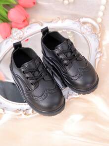 Flat Bottom Leather Shoes For Baby, Toddler, Little Kids - Round Toe, Lace-Up Cute Dance/School Shoes For Girls - Black - View 3