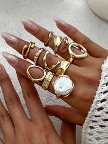 10pcs Fashion High-End Versatile Niche Multielement Metal INS Style Wrinkle Knuckle Rings, Women Personalized Glossy Faux Pearl Open Rings - Multicolor - View 2