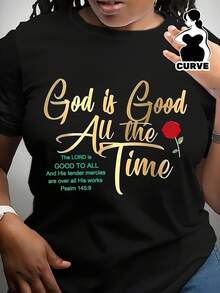 Plus Size Women God Is Good All The Time Inspirational T Shirt Black Short Sleeve Round Neck Casual Tee With Golden Red Rose Design Psalm 1361 Scripture Comt Fit SpringSummer Top Size L-3XL 4XL 5XL - màu đen - Xem 1