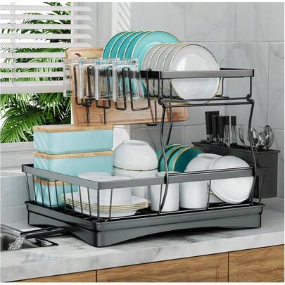 Code Large Dish Drying Rack Kitchen Counter, Detachable Large Capacity Dish Drainer Organizer, 2-Tier Dish Racks With Utensil Holder, Black