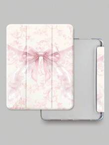 Beautiful Pink Flower Bow Pattern Transparent Silicone Shock-Absorbing Stand With Pen Slot, Suitable For Galaxy Tab A8 10.5, S6 Lite 10.4, S7/S8/S9Inch. It Supports Sleep Awakening As A Holiday Gift