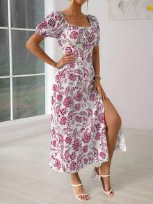 Vestido floral con hombros descubiertos y abertura alta para mujer,Vestidos estampados de mujer, Estampado floral azul y blanco,vestidos de mujer - Rosa - Ver 2