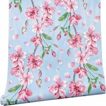 1 Roll Of Blue Flowers With Pink Color Blossom Self-Adhesive Vinyl Wallpaper 17.1inX39.3/118.1/196.8in Removable Yellow Floral Wallpaper For Easy DIY Home Decoration Suitable For Bedrooms Living Rooms Cabinets Tables And Furniture High Quality Vinyl Material With Flexible Patterns Matching Floral Wall Decoration Wall Paper Wall Stickers Room Decor Kitchen Living Room Decor - Blue - View 8