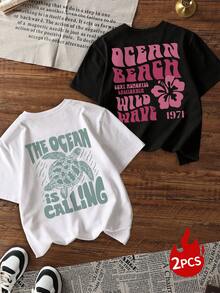 Bộ 2 áo thun nữ mùa hè, kiểu dáng thường ngày, in chữ và hình rùa biển, cổ tròn, tay ngắn, màu trắng, đen, hồng, thích hợp cho kỳ nghỉ. - Nhiều màu - Xem 3