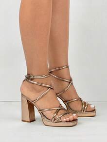 露趾方头高防水台厚高跟凉鞋，优雅时尚 - 香檳色 - 查看 5