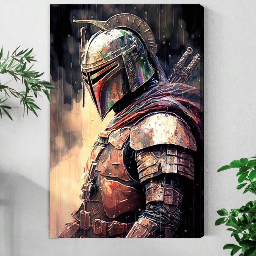 1pc The Mandalorian, Warrior In The Rain, Sci-Fi Armor Style Framed Wall Art - Canvas Prints Poster, Ready To Hang - Home Decor, Ideal For Home, Office Wall Decor, Family Gift, Living Room Bedroom Wall Decor - 香檳色 - 查看 1