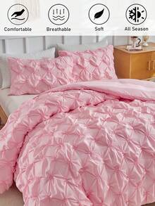 2/3pcs Pink Pleated Polyester Duvet Cover Set, Cute Modern Chic Bedding Set For All Seasons, Soft& Breathable Kids Girls Teens Bedding Set,( 1 Duvet Cover+ 1/2 Pillowcases) - Pink - View 2