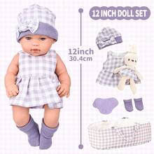12-Inch Baby Doll With Doll Accessories Doll Set, Includes 12-Inch Baby Doll, Plaid Rabbit Pattern Dress, Hat, Rocking Cradle, Socks, And Infant Doll