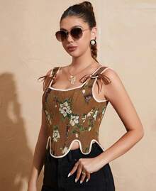 Womens Vintage 1920s Renaissance Lace Trim Corset Bustier, Retro Fashion - Kupu-kupu Coklat - View 6